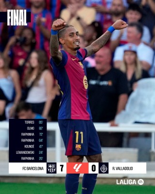 Full time: Barcelona demolish Real Valladolid 7-0 and head into the international break with 12 points from 4 matches.